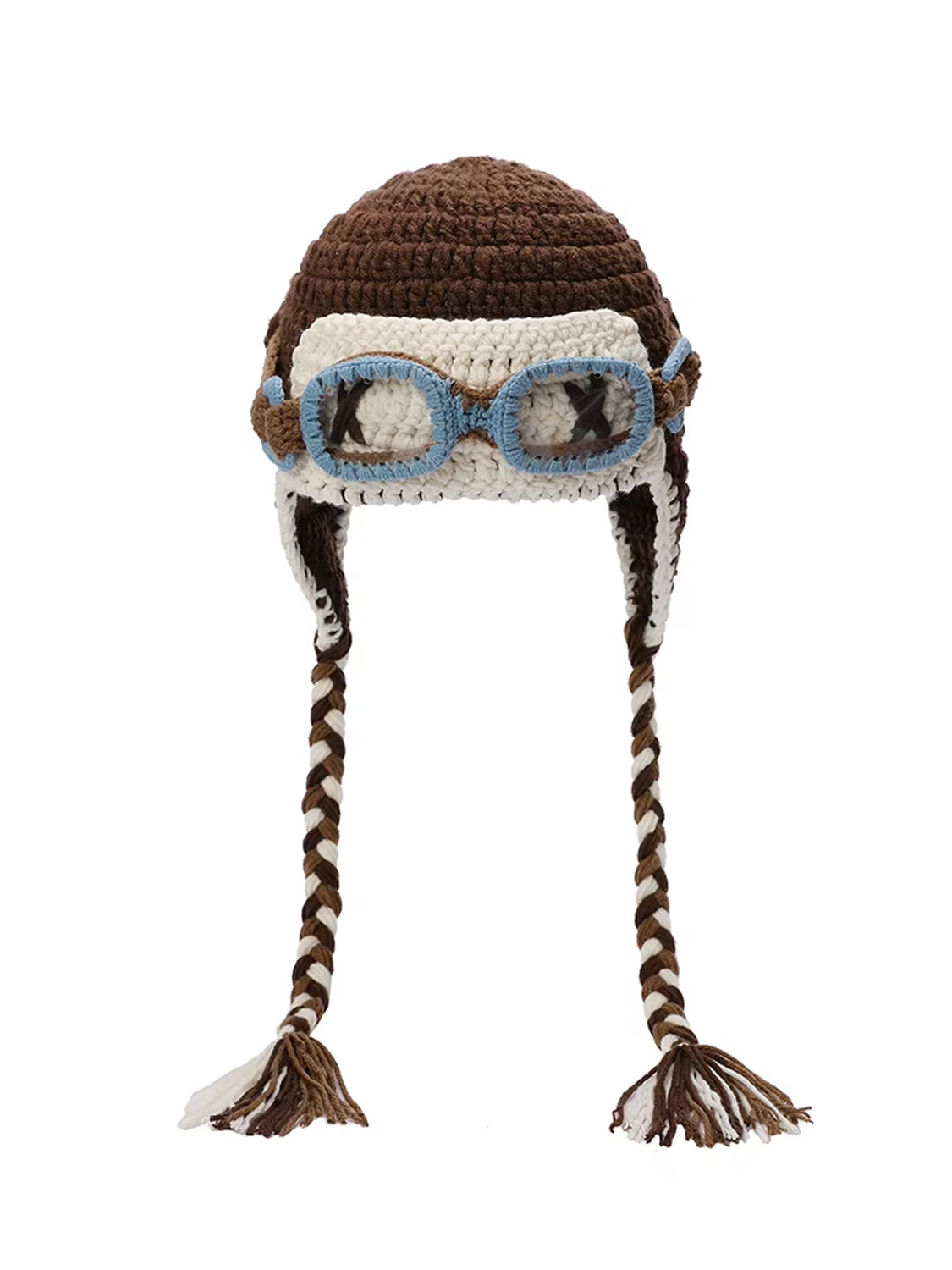 Color-Block Crochet Beanie – Goggle-Style Ear Flap Knit Hat