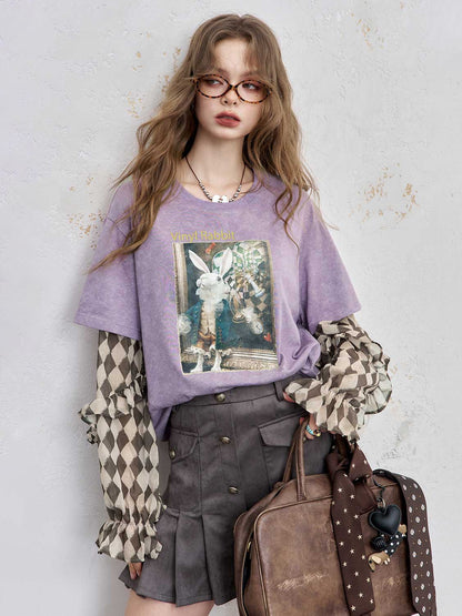 Y2K 코튼 드롭숄더 페이크 레이어드 그래픽 프린트 티셔츠