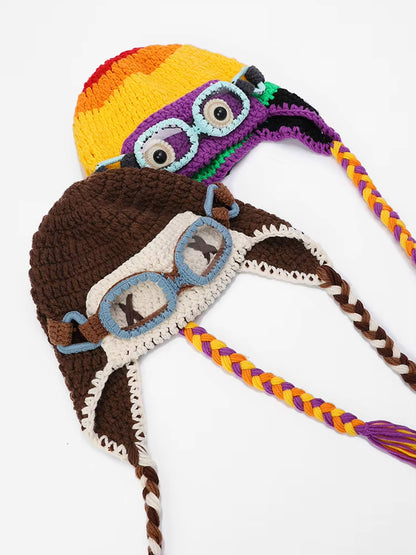 Color-Block Crochet Beanie – Goggle-Style Ear Flap Knit Hat