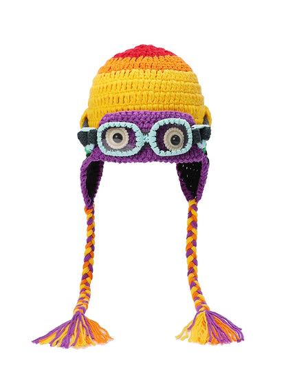 Color-Block Crochet Beanie – Goggle-Style Ear Flap Knit Hat